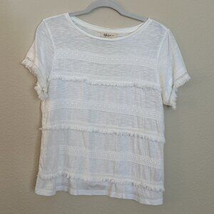 Style & Co White Short Sleeve Top with Fringe Detail